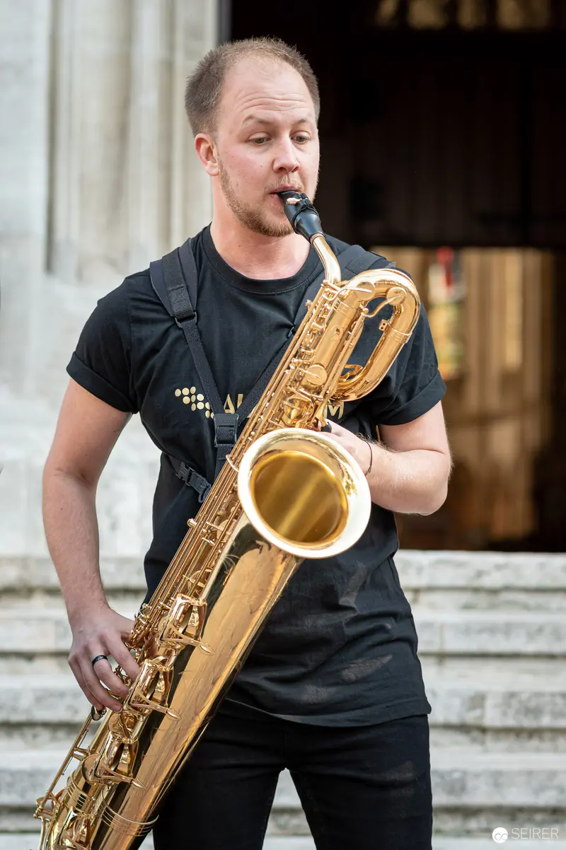 Aureum Saxophonquartett Musician Performing with Baritone Saxophone at Musik Befreit Concert