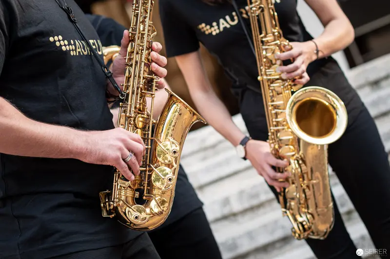 Aureum Saxophonquartett Performing in Black Uniforms at Musik Befreit Concert