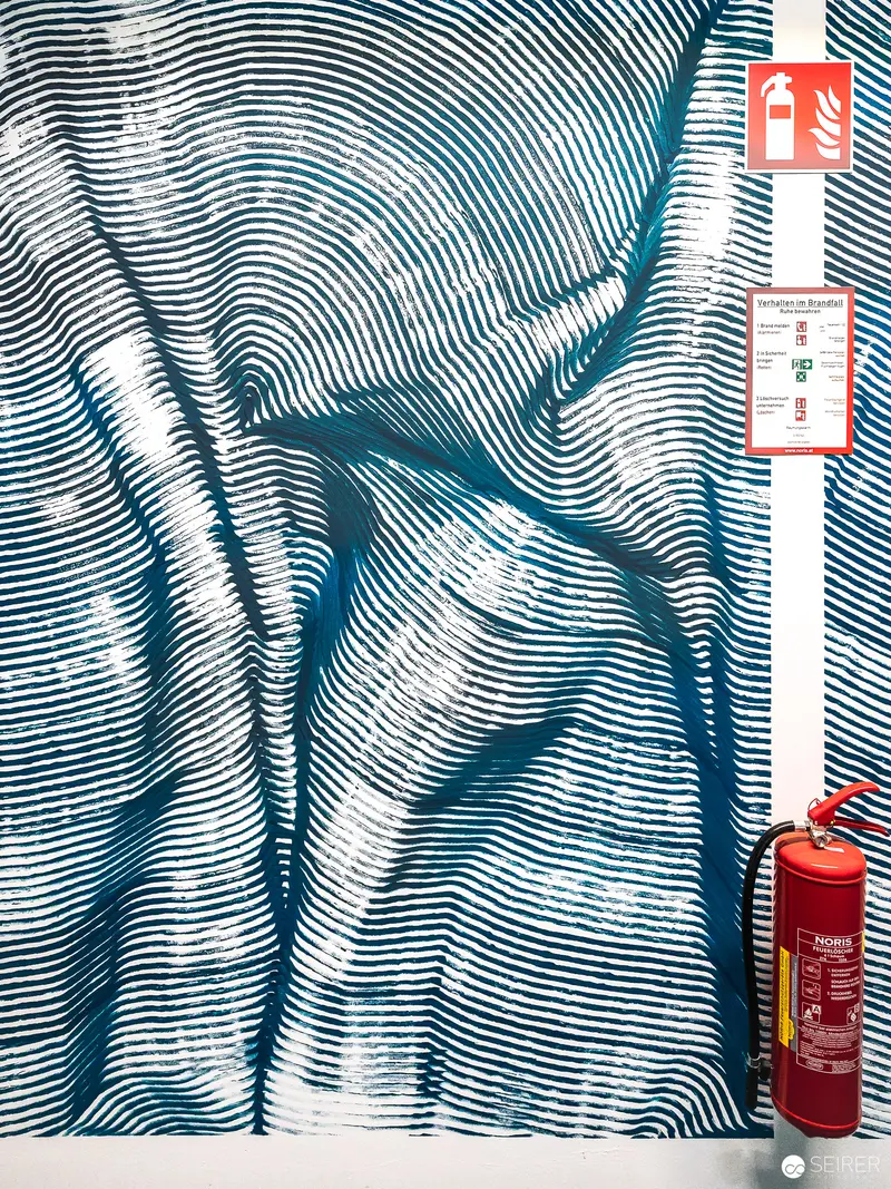 Fire Safety Poster with Wavy Monochromatic Textile and Red Extinguisher