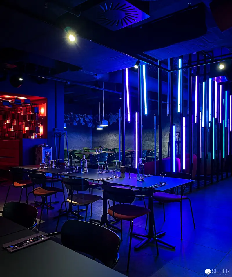 Blue Neon Illumination at Hotel Jaz Rooftop Bar, Vienna Evening Scene