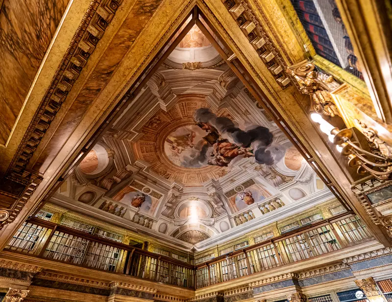 Ornate Baroque Library Ceiling with Frescoed Vault and Gilded Bookshelves