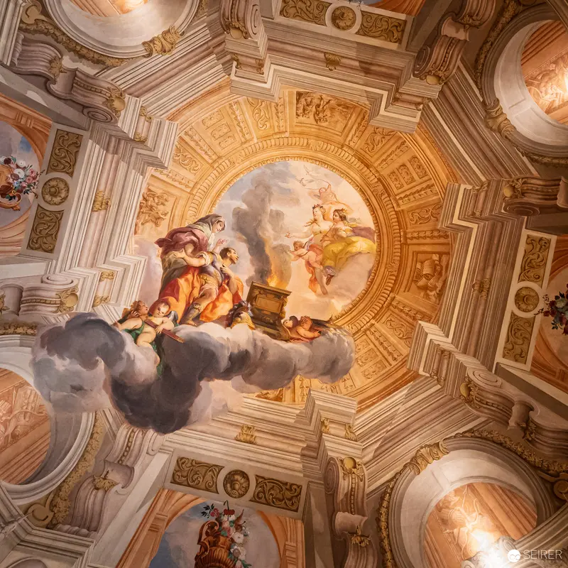 Baroque Ceiling Fresco Depicting Celestial Figures on Ornate Architectural Canvas