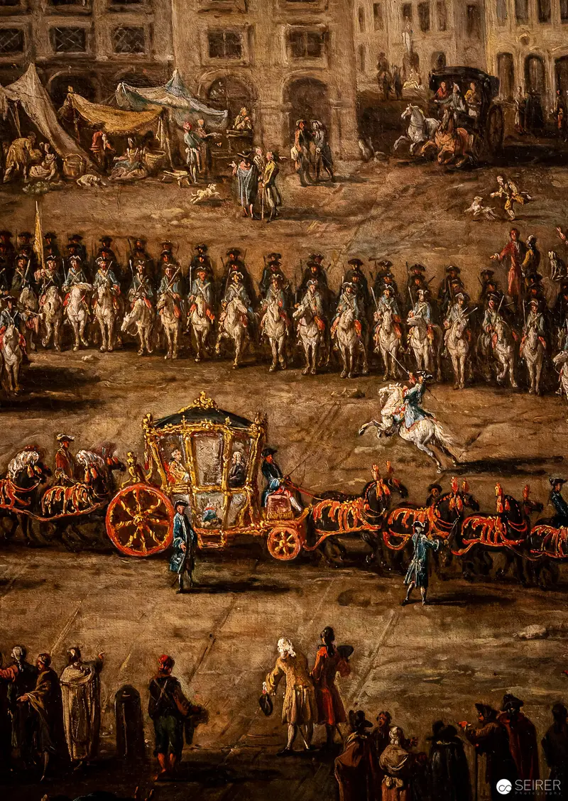 Baroque Ceremonial Procession with Ornate Royal Carriage and Cavalry Escort