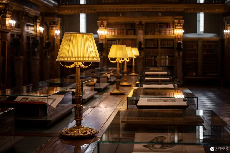 Ornate Reading Room with Illuminated Table Lamps and Antique Books