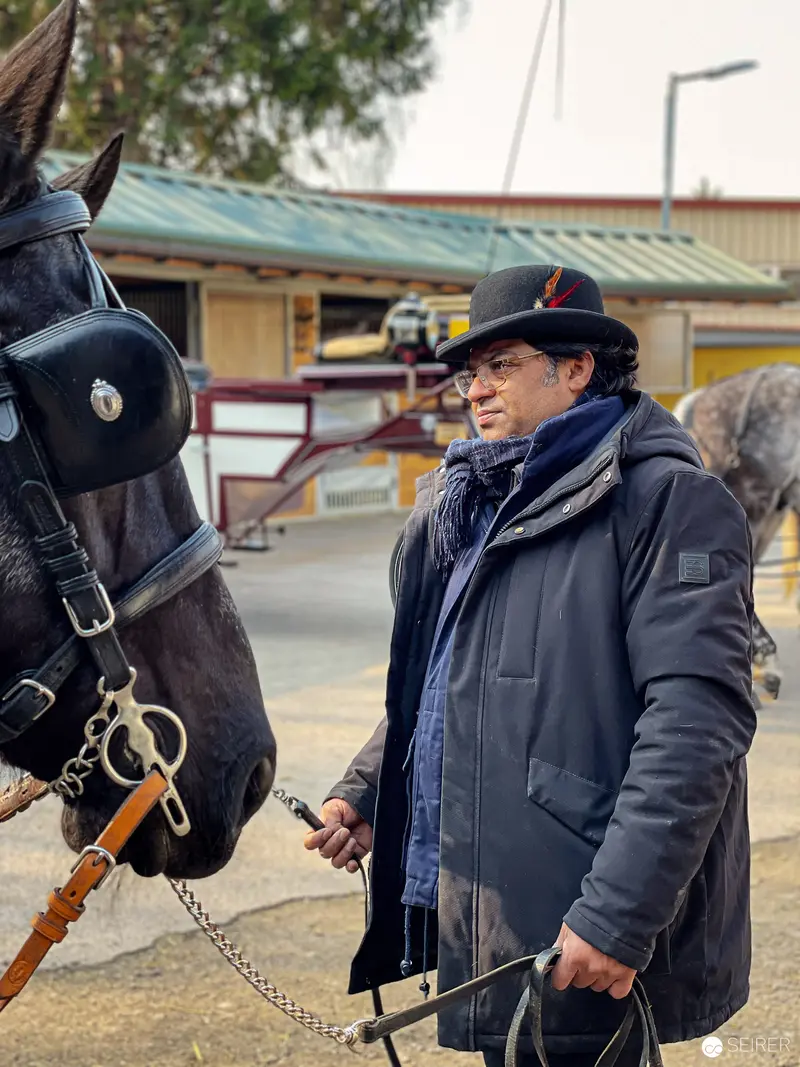 Fiaker Handler in Winter Attire Attending to Black Horse in Vienna