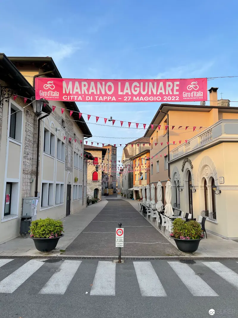 Marano Lagunare Street Scene During Giro d'Italia Cycling Event Signage