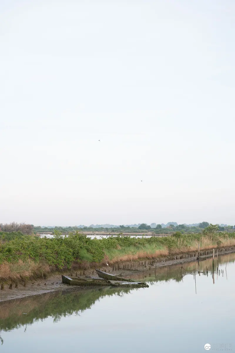 Tranquil Waterway with Moored Boats amid Rural Marshland Landscape