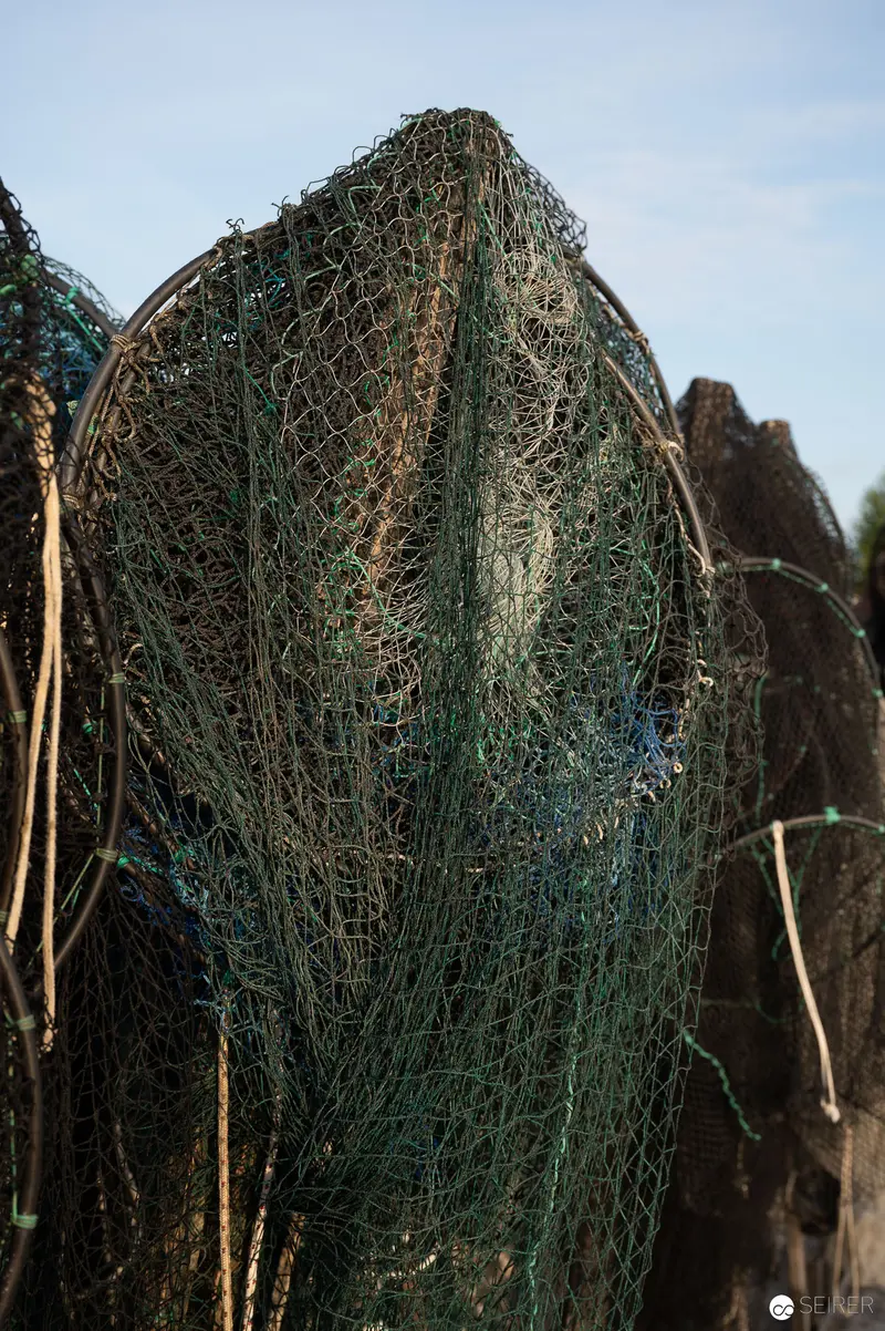 Weathered Fishing Net Draped on Wooden Stake at Laguna Marina