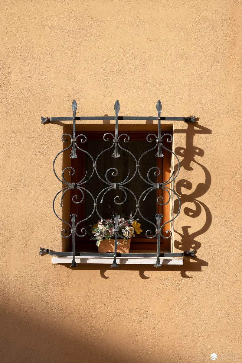 Ornate Wrought Iron Window with Flowering Plant in Warm Terracotta Setting