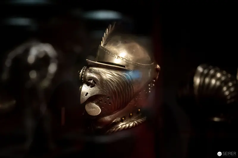 Elaborate Medieval Knight's Helmet in Dramatic Chiaroscuro Lighting