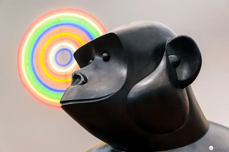 Stylized Black Sculpture with Radiant Rainbow Circular Backdrop