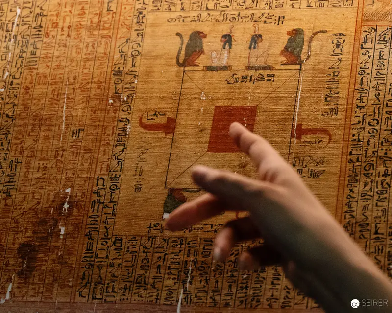 Scholarly Hand Gesturing towards Ancient Egyptian Papyrus Manuscript Details