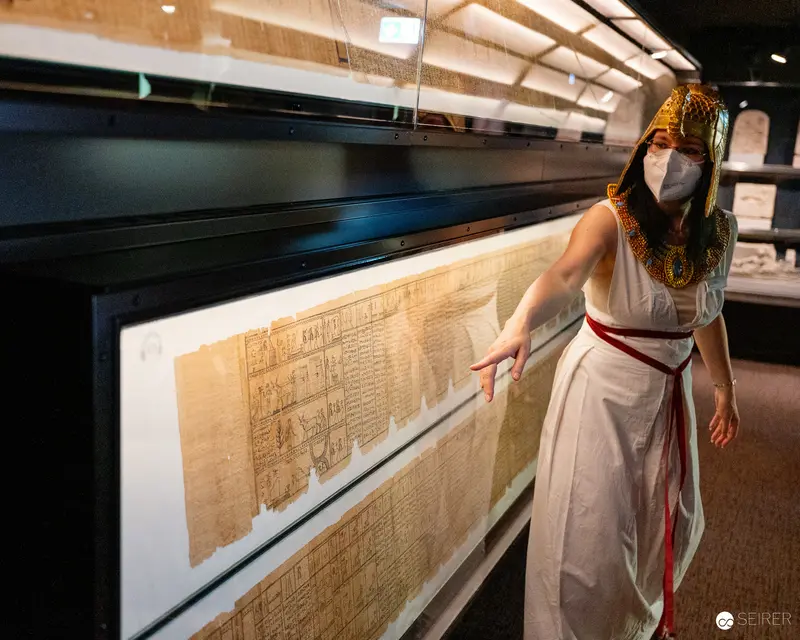 Ancient Papyrus Display at Vienna Museum with Costumed Interpreter