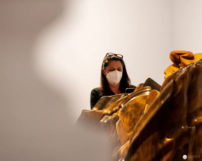 Tony Cragg Exhibition at Albertina: Visitor Amid Golden Sculptural Forms