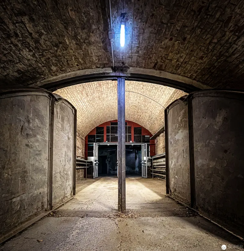 Vaulted Passage with Arched Ceiling and Symmetrical Doorways in Historic Stone Interior