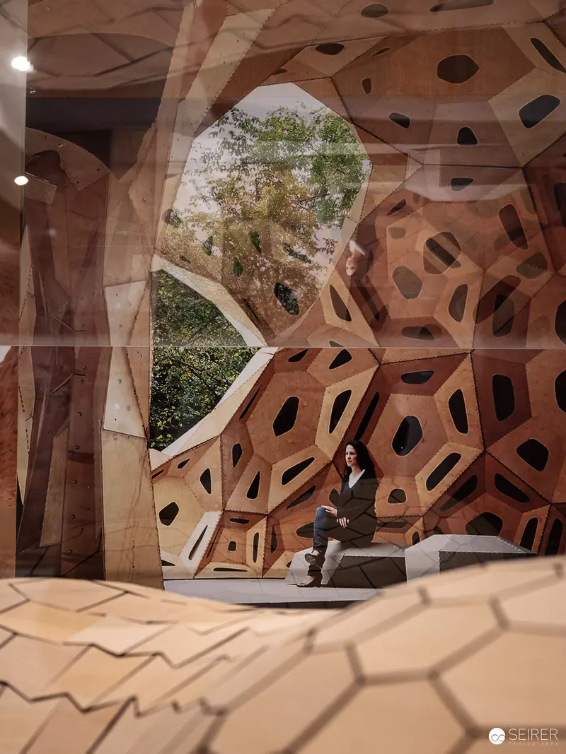 Organic Architecture: Geometric Wood Pavilion with Seated Figure and Tree View
