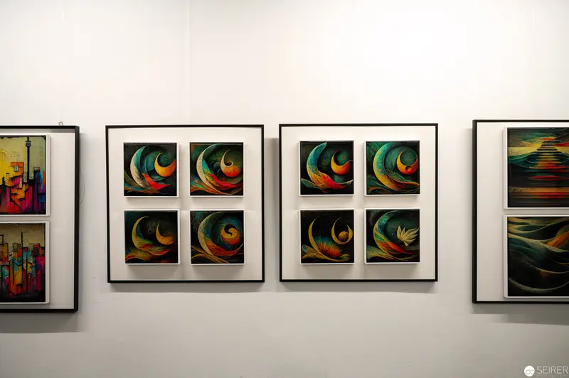 Gallery Wall Display of Abstract Curvilinear Artworks in Geometric Arrangement
