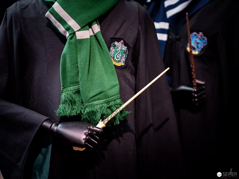 Slytherin Scarf and Wand at Harry Potter Exhibition in Vienna