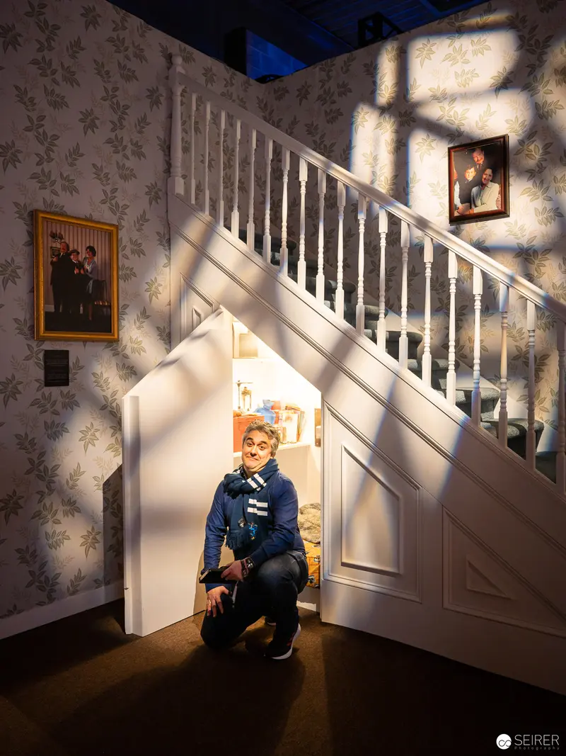 Harry Potter Exhibition in Vienna: Mannequin Beneath Dramatic Staircase Lighting