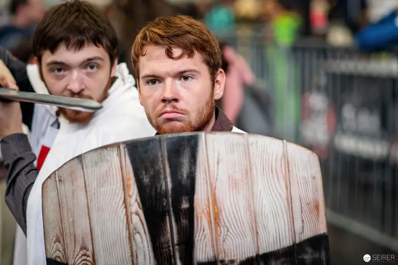 Intense Medieval Reenactment Performers at Vienna ComicCon 2022 Shield Performance