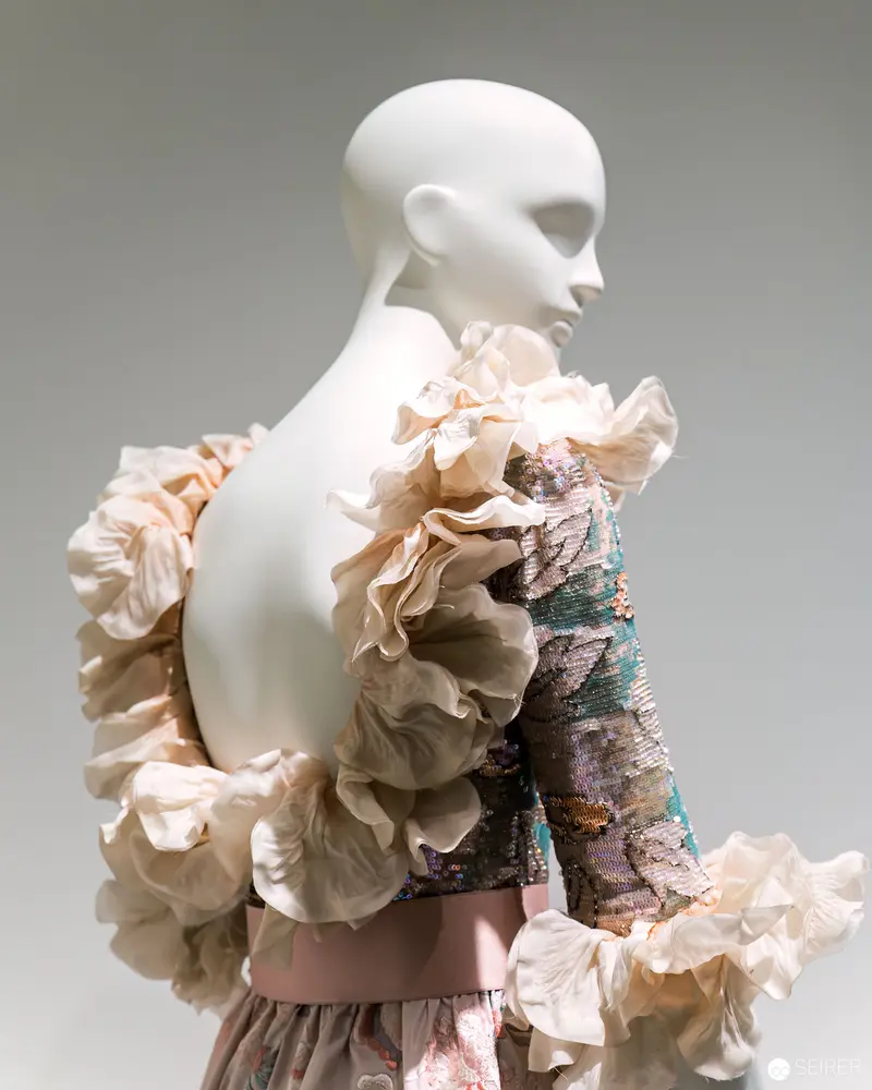 Sculptural Mannequin with Ruffled Couture and Organic Textile Embellishments