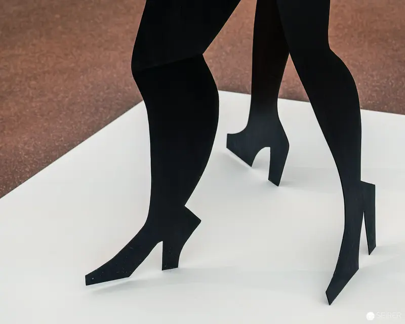 Abstracted Black Silhouette Legs on Geometric White and Brown Surface