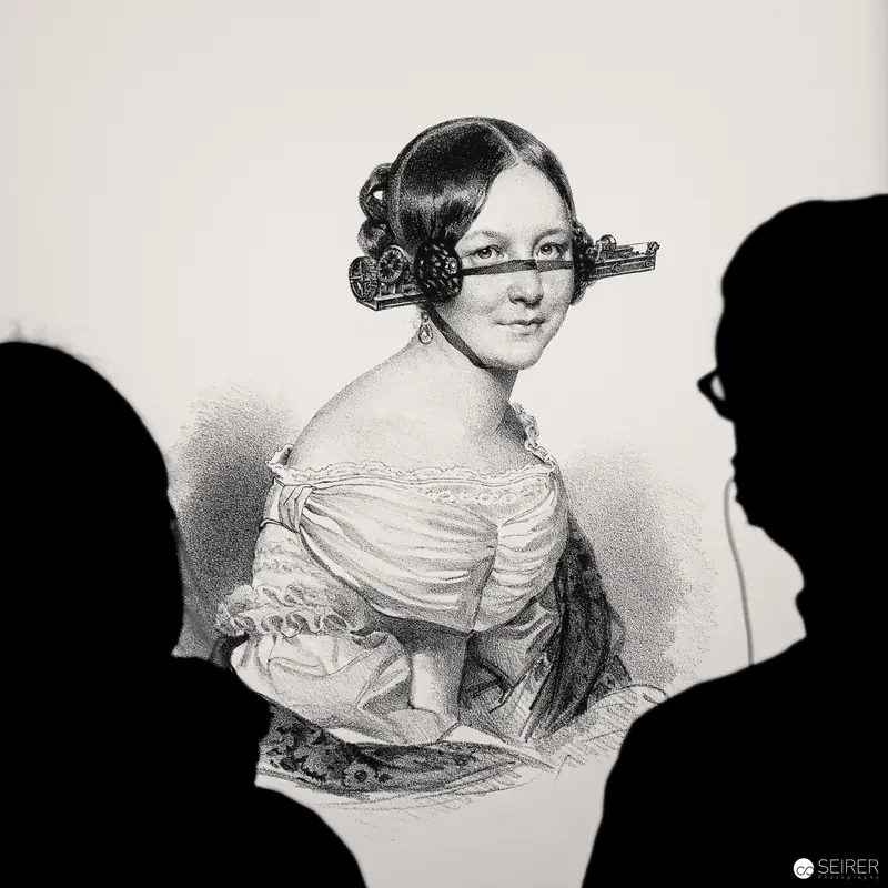 Surreal Portrait of Woman with Mechanical Key Hairstyle in Black and White