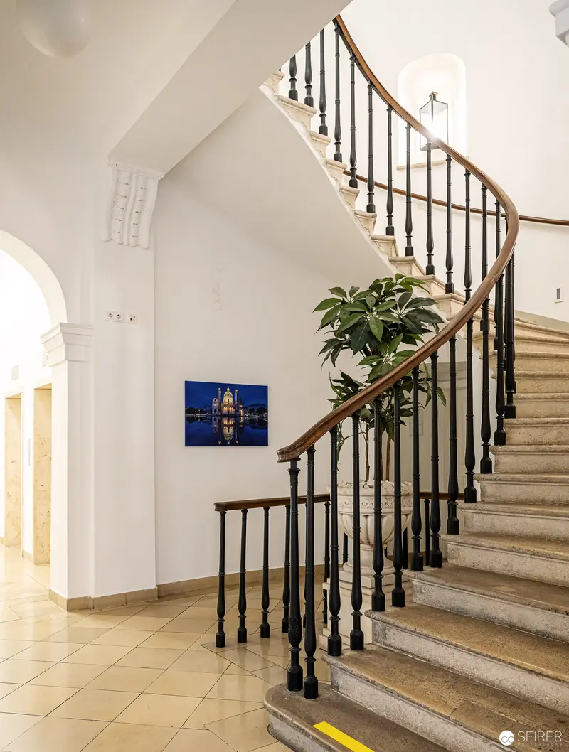 Curved Wooden Staircase with Black Railings at Webster University Vienna