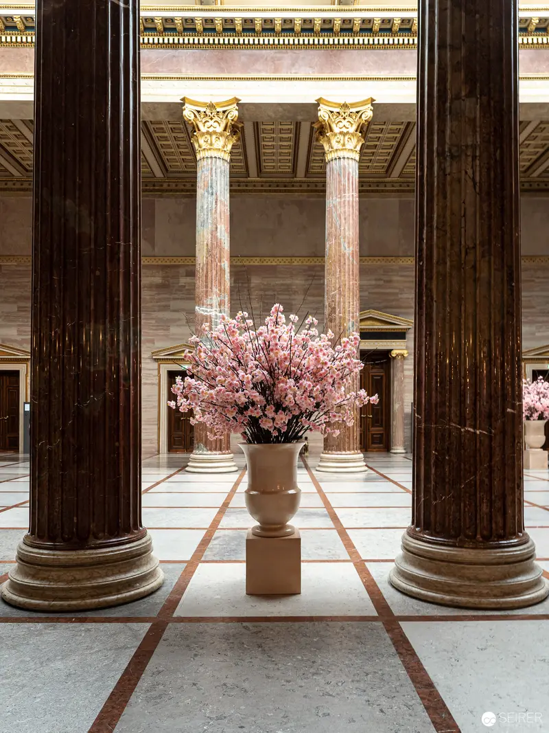 Corinthian Columns Framing Cherry Blossoms in Neoclassical Vienna Parliament Hall