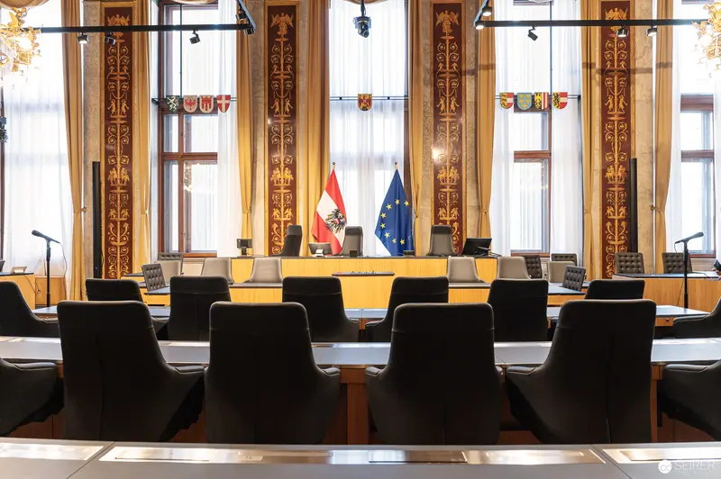 Austrian Parliament Chamber with National and European Flags, Vienna