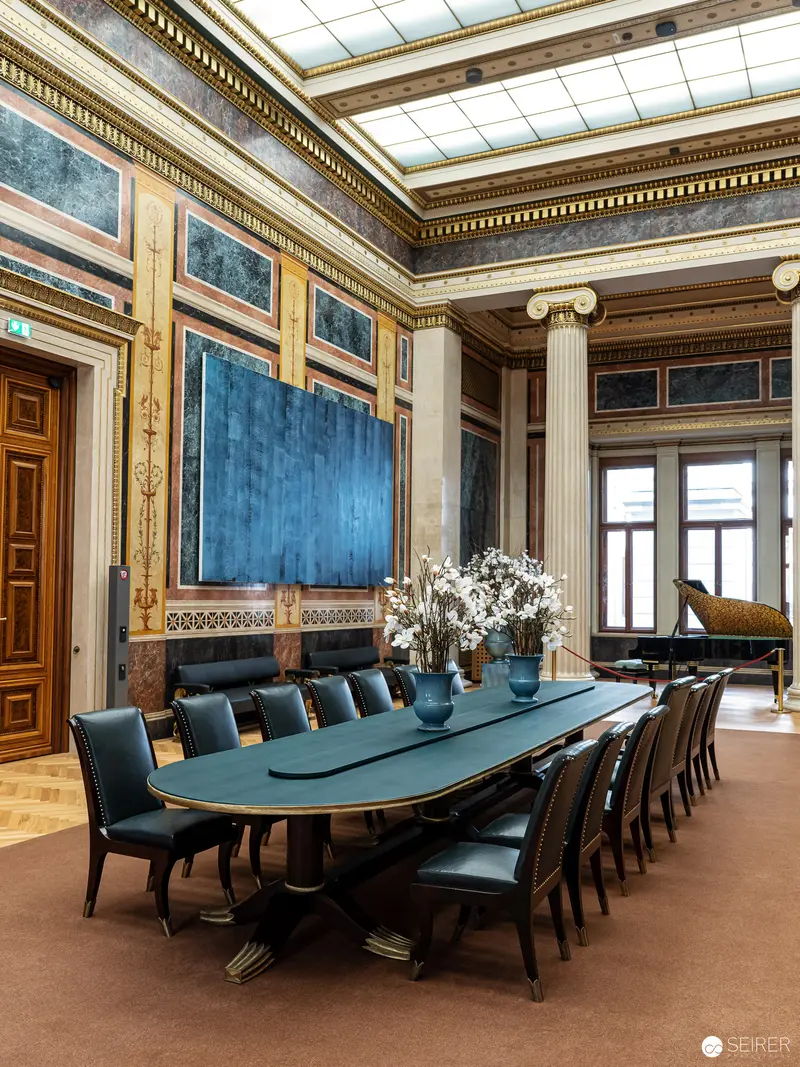 Neoclassical Conference Room with Blue Accents and Grand Piano in Vienna