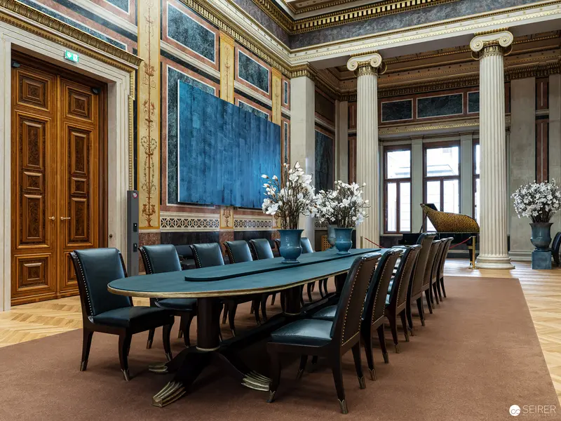Neoclassical Conference Room with Blue Leather Chairs in Vienna Parliament