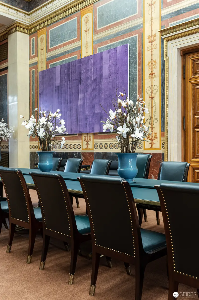 Heimo Zobernig's "Interferenzen": Ornate Conference Room with Blue Chairs
