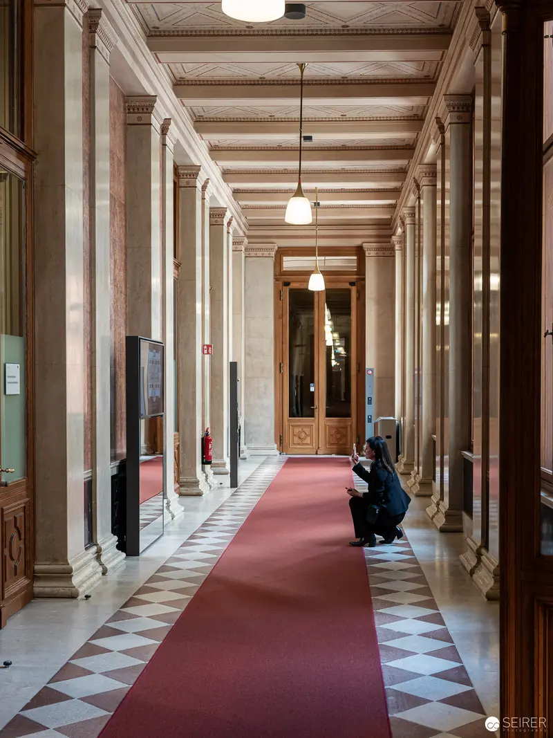 Solitary Figure in Vienna Parliament's Neoclassical Hallway, 2023