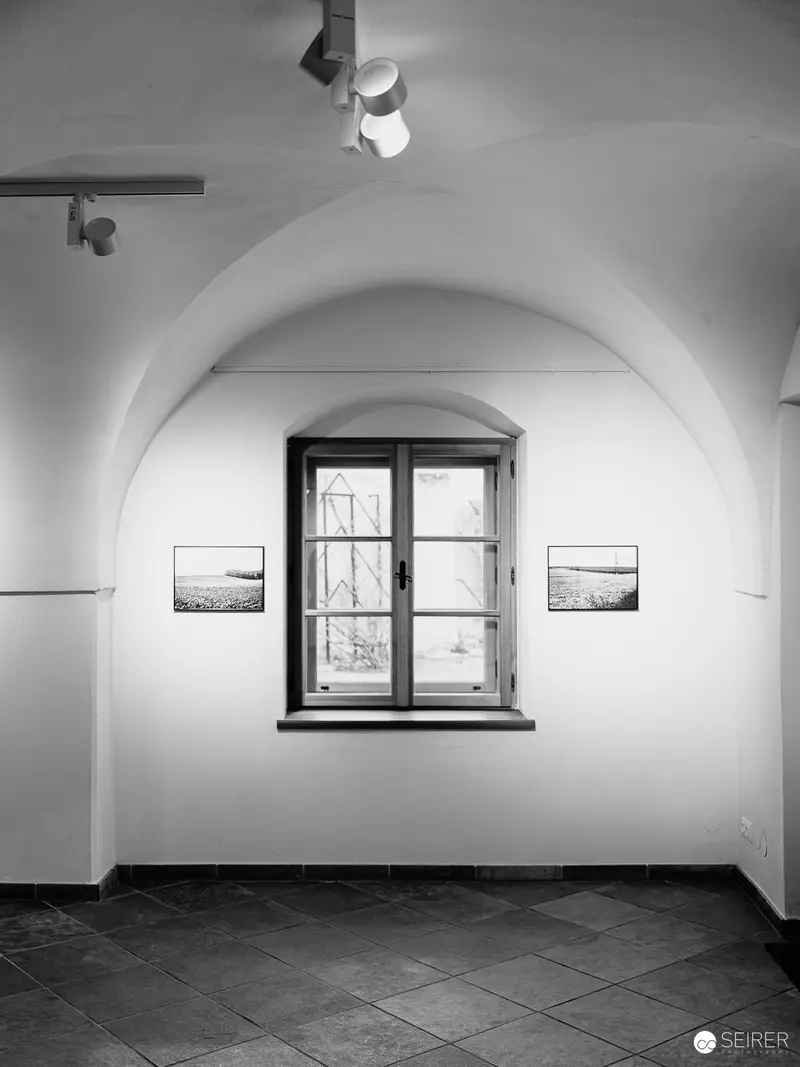 Minimalist Interior with Arched Ceiling and Framed Landscape Photographs