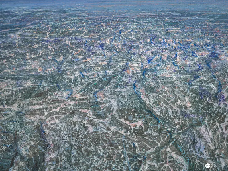 Aerial Landscape Painting: Topographical Abstraction in Blue and Gray Tones