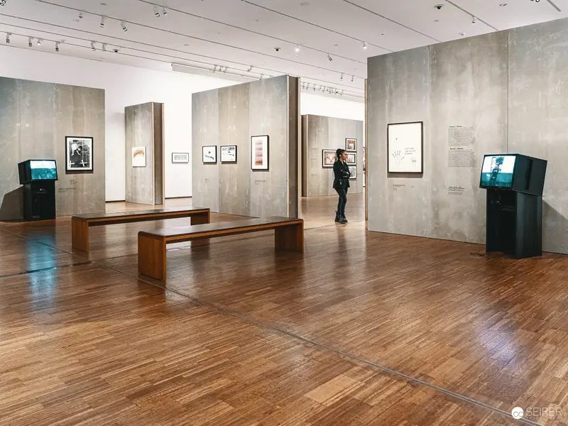Valie Export Exhibition at Albertina: Gallery Interior with Visitor and Multimedia Displays