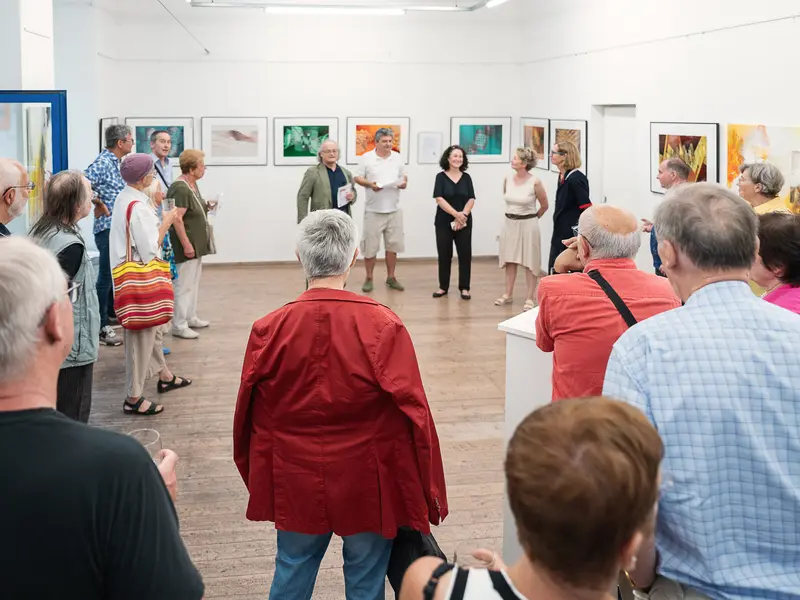 Art Gallery Exhibition Opening with Audience and Artwork in Contemplative Gathering