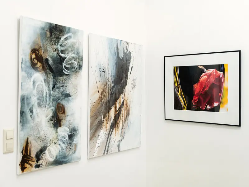 Contemporary Art Display with Abstract and Photographic Works on Gallery Wall