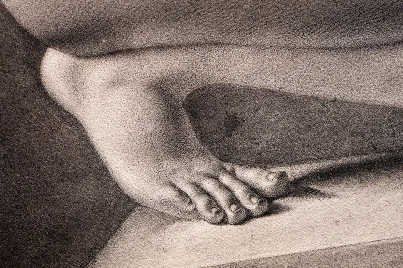 Intimate Anatomical Study: Textured Foot in Monochromatic Charcoal Rendering