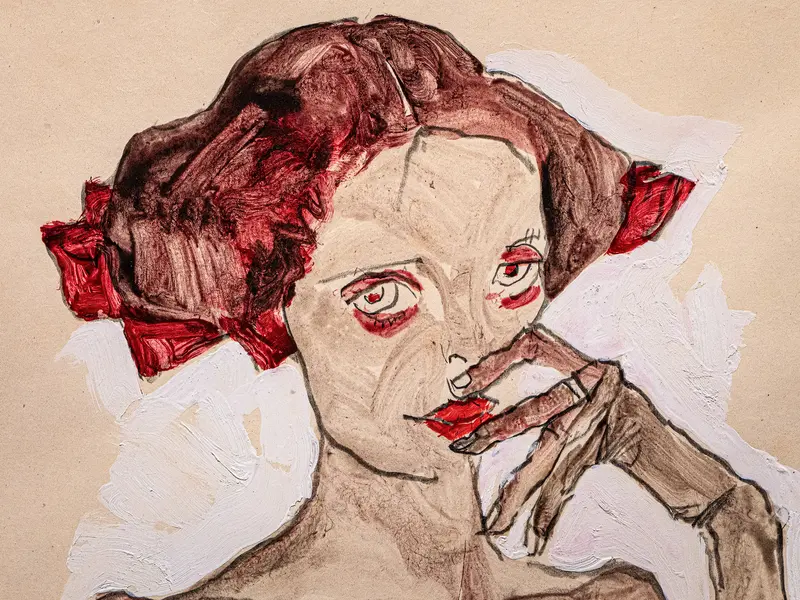 Expressionist Sketch: Woman with Intense Red Accents and Distorted Features