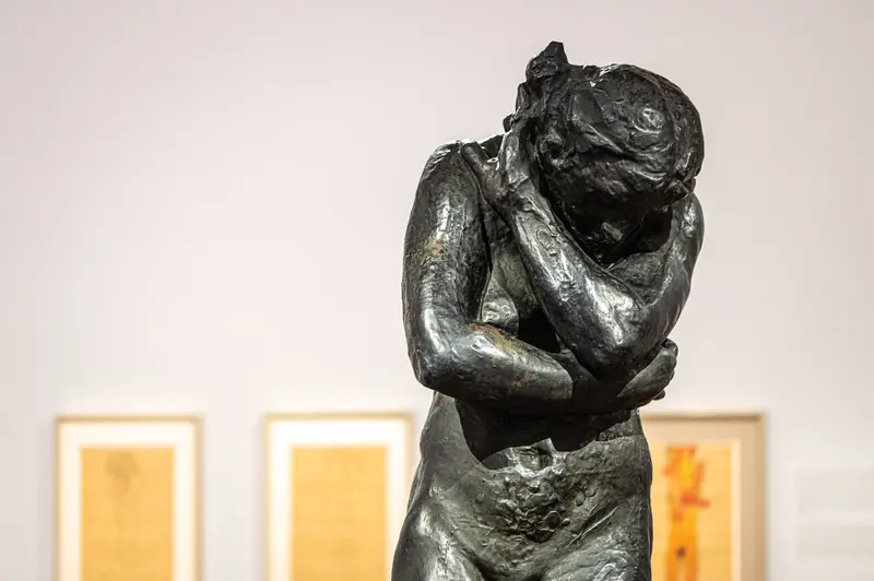 Bronze Sculpture of Crouched Figure at Michelangelo Exhibition, Albertina Vienna