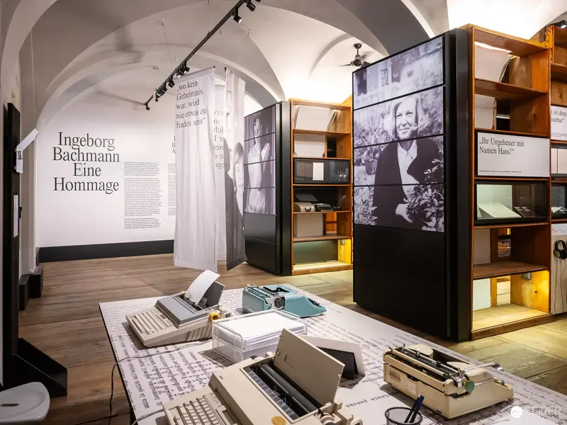 Ingeborg Bachmann Hommage: Archival Exhibition View with Typewriters and Biographical Displays