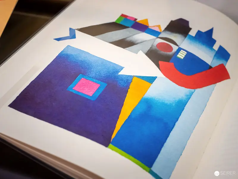 Abstract Geometric Composition with Layered Blue and Multicolored Shapes