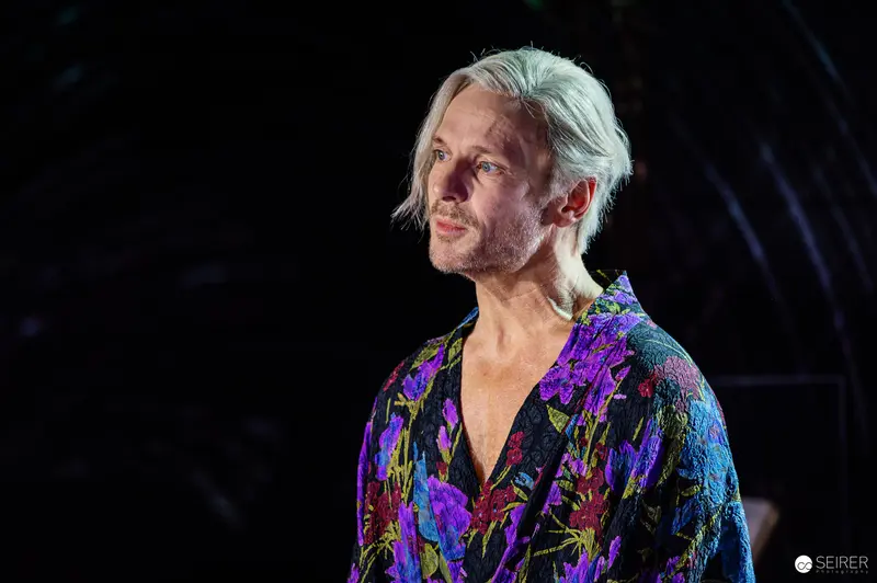 Frank Wedekind in Colorful Costume During Theatrical Rehearsal at Kammerspiele