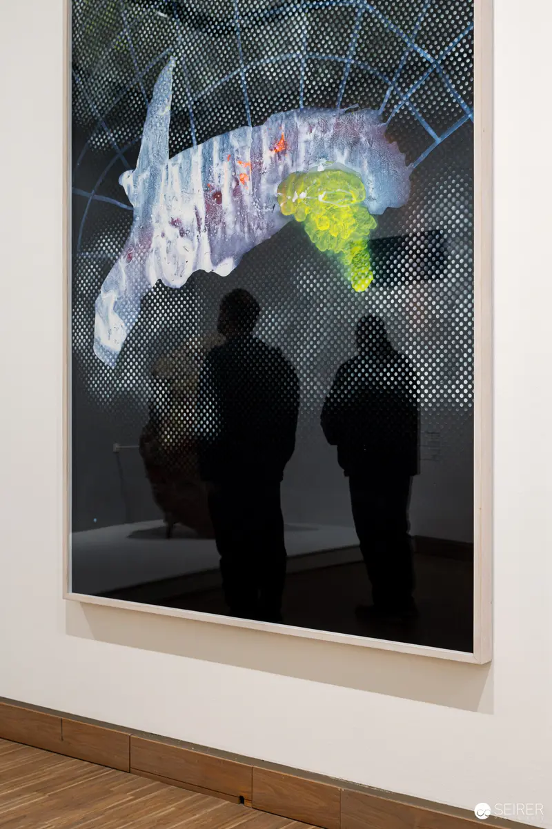Framed abstract painting with reflected visitor silhouettes, Albertina Modern "Österreich – Deutschland" exhibition, Vienna