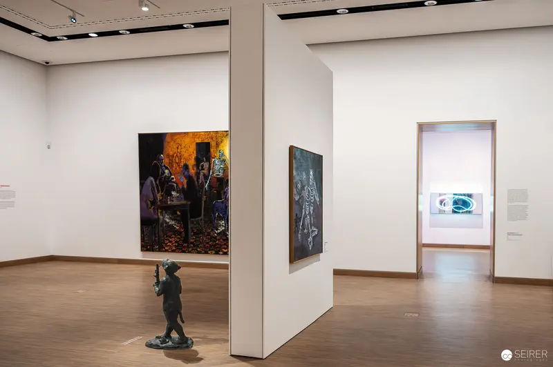 Gallery View with Bronze Sculpture and Skeleton Paintings, Albertina Modern Vienna