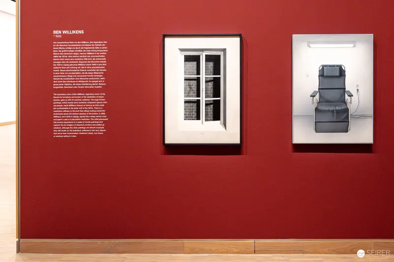 Ben Willikens paintings on red wall, Albertina Modern "Österreich – Deutschland" exhibition, Vienna