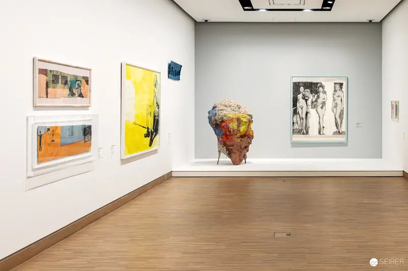 The Albertina Modern in Vienna, Austria presented the exhibition "Österreich – Deutschland. Malerei 1970–2020" in October 2023, pairing framed paintings on white walls with a freestanding sculpture on a low plinth. The Albertina Modern opened in 2020 in the Künstlerhaus on Karlsplatz as the contemporary-art venue of the Albertina.