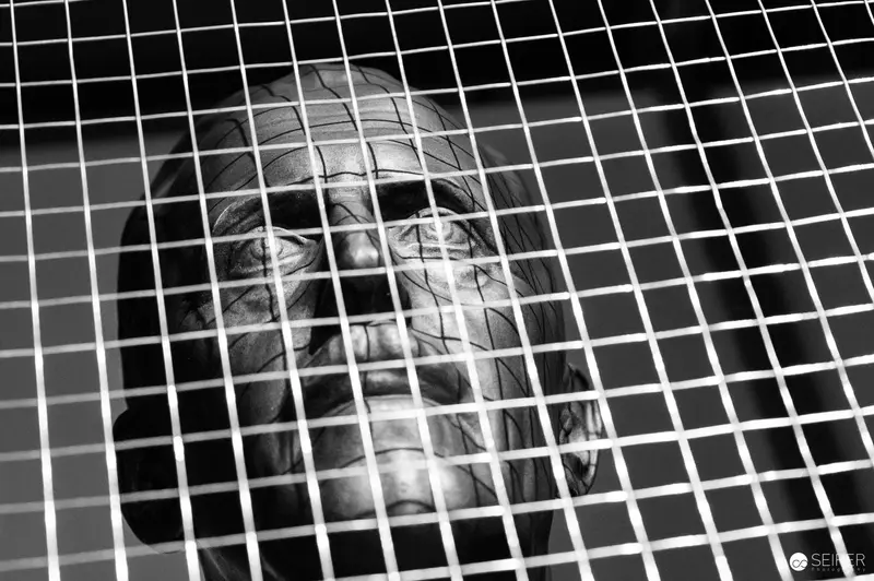 Black and White Portrait of Person Fragmented by Grid Overlay